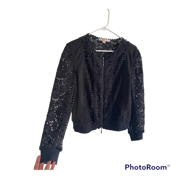 Boston Proper Women Long Sleeve Cutouts Lace Floral, Zip up Sweater - Picture 2 of 8